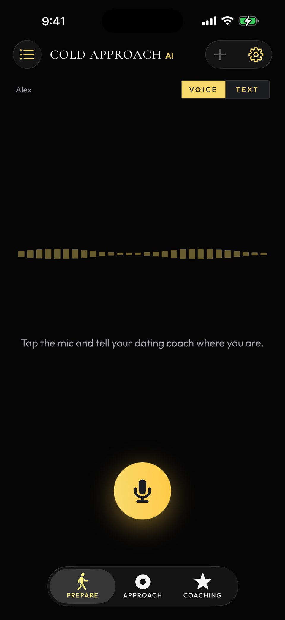 The Cold Approach AI app on an iPhone, ready for a question: a big gold microphone button and the line Tap the mic and tell your dating coach where you are.