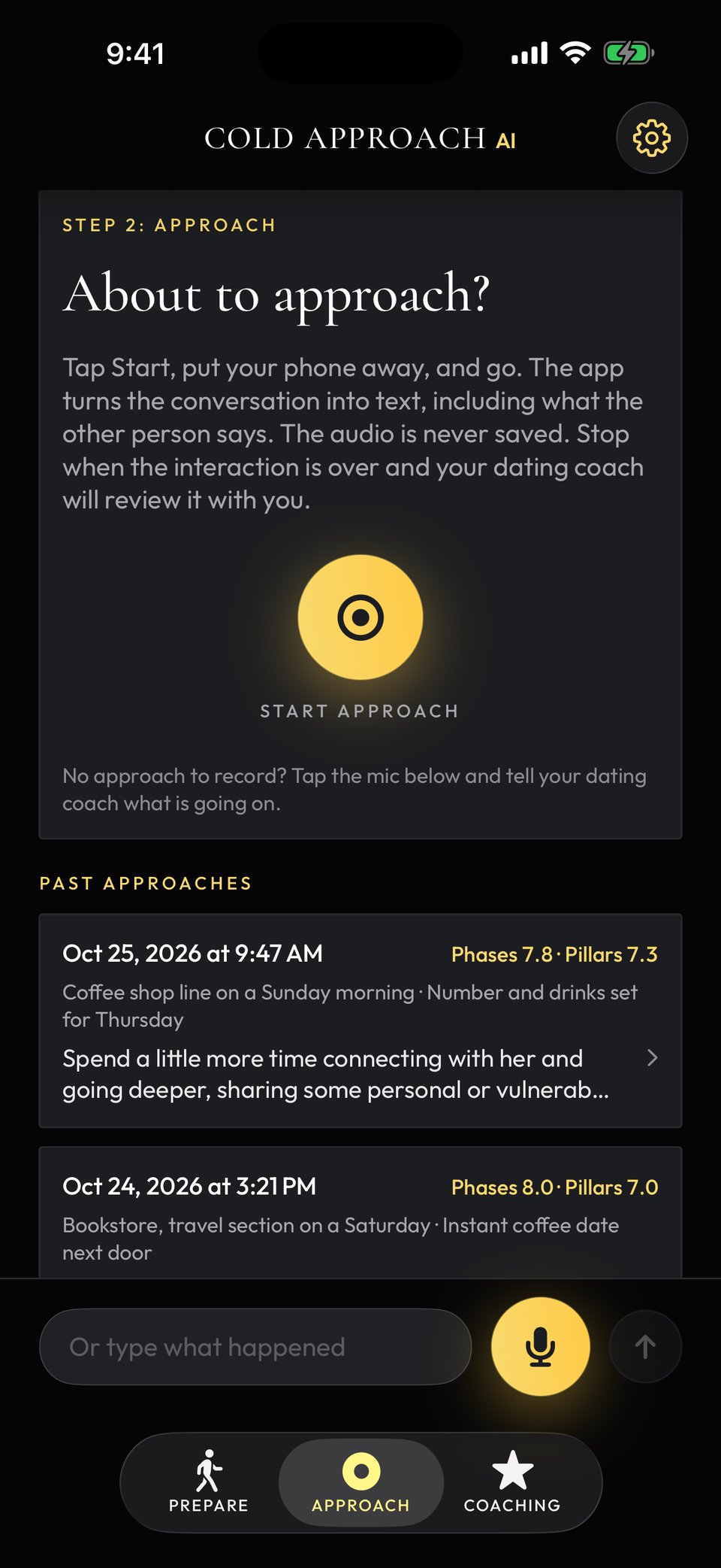 The app's Approach tab: About to approach? and a big gold Start Approach button, with past approaches and their scores below.