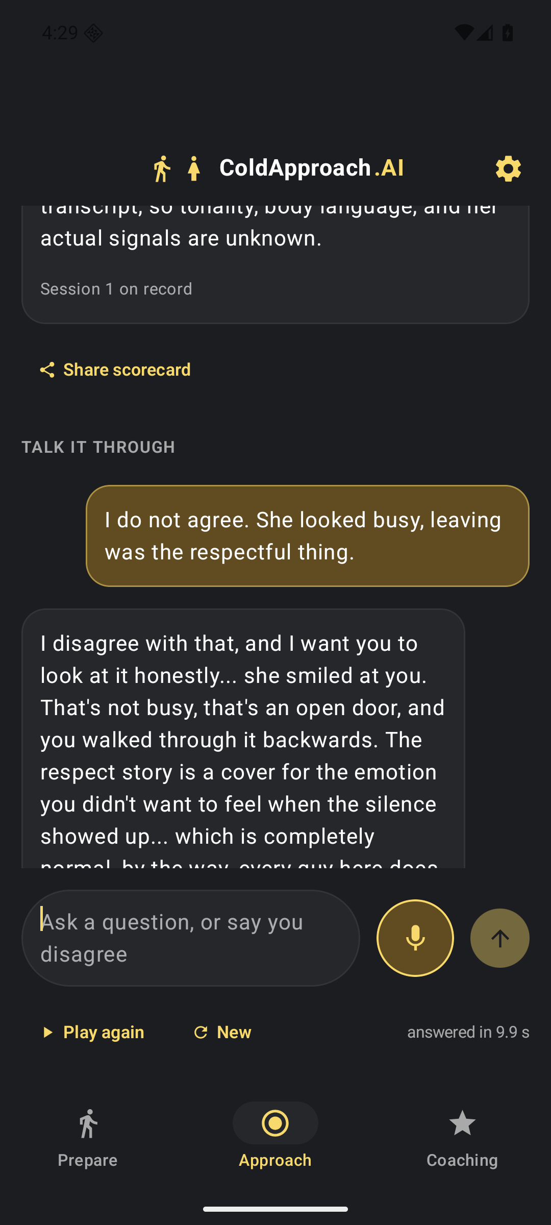 The Approach tab after a scorecard: the student disagrees with the review, and the coach answers back in the Talk it through thread.