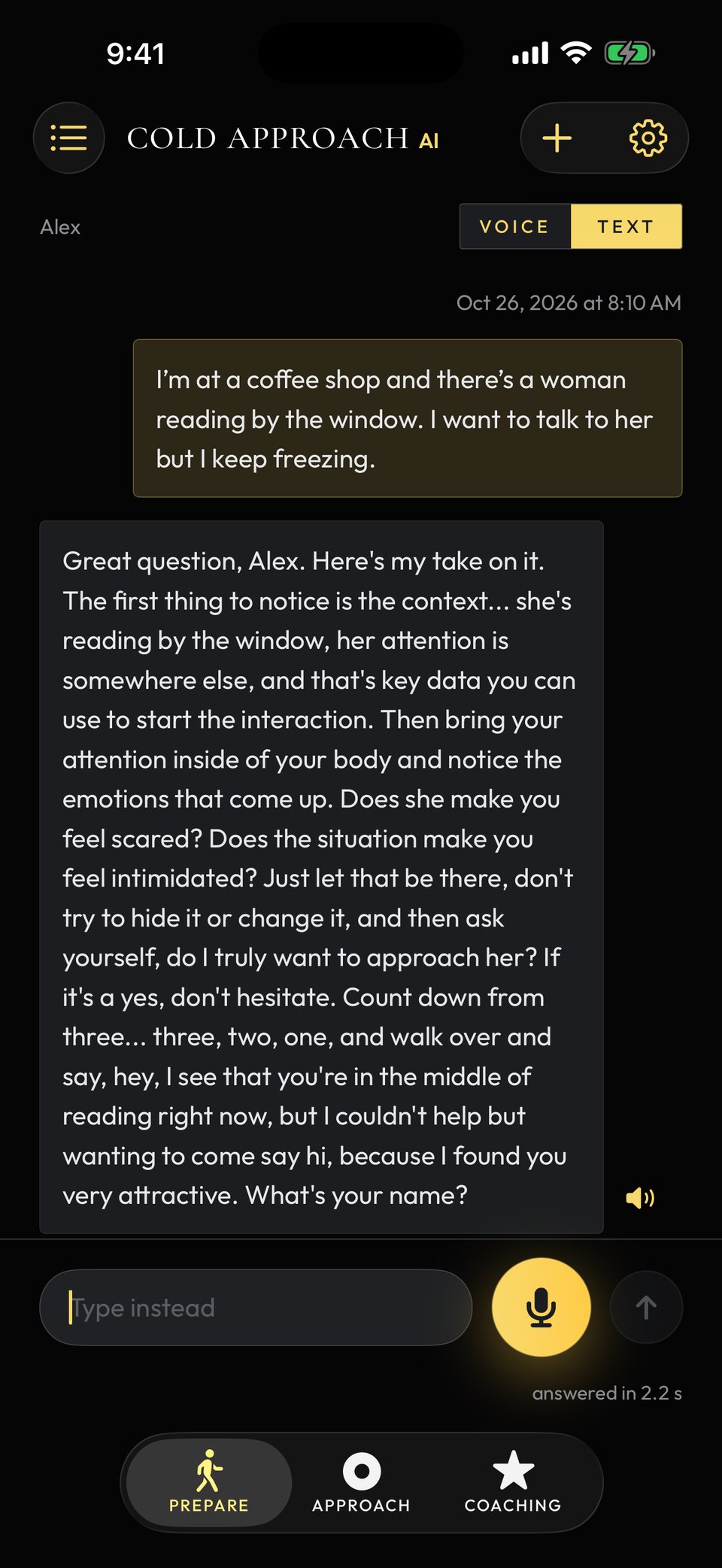 The app's Prepare tab after a question: Alex says he keeps freezing with a woman reading by the window of a coffee shop, and the coach's answer is below it as text, ready to play in his voice.