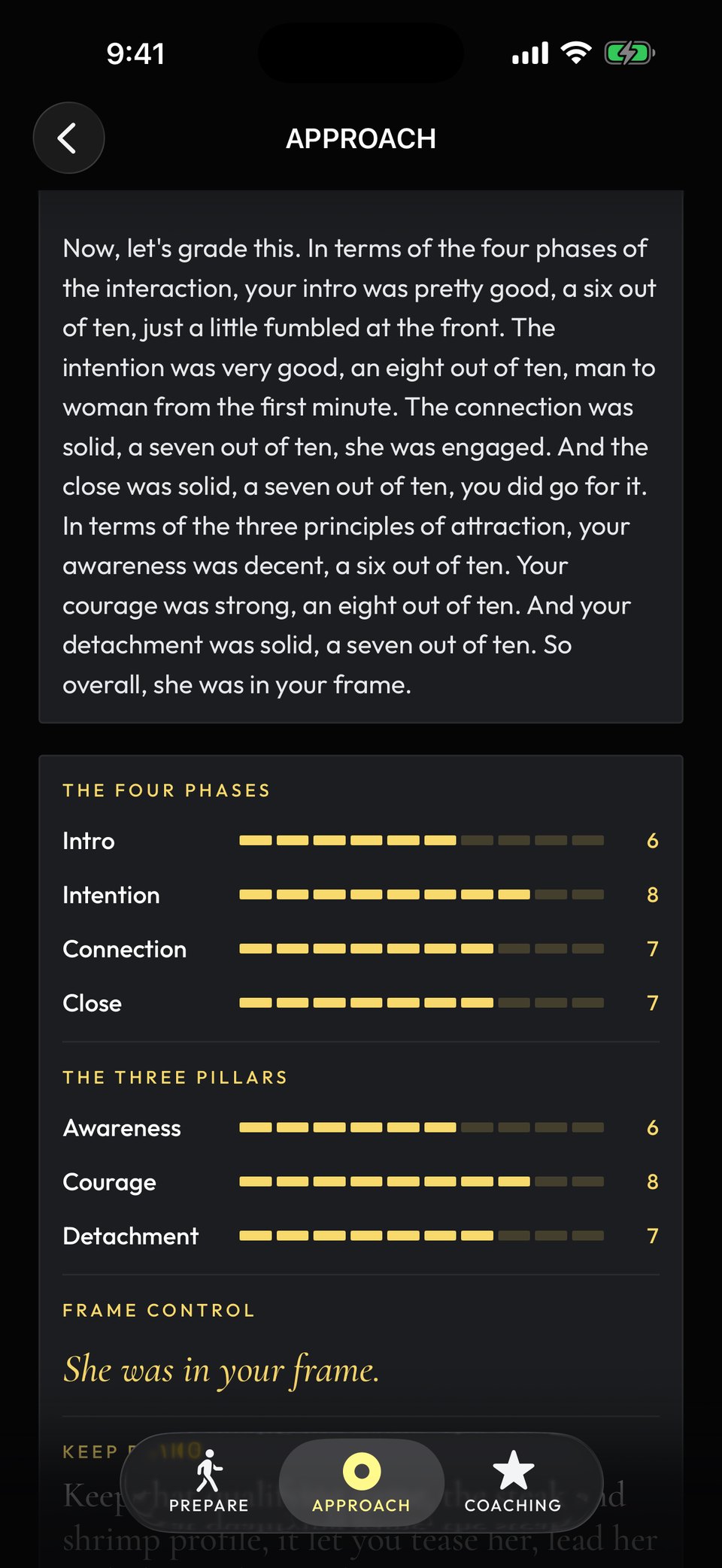 The app's review after an approach: the coach's spoken feedback as text, then the scorecard with the four phases, the three pillars and frame control.