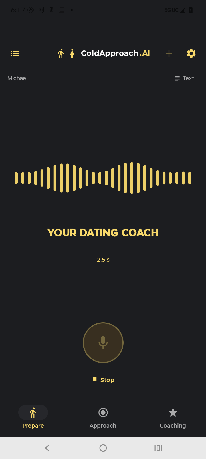 ColdApproach.AI in voice mode: a gold waveform while the coach speaks, with a microphone button and Stop below.
